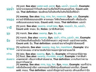 [ N] pool,  See also:   water-well ,  pond ,  Syn.   แอ่งน้ำ ,  หนองน้ำ ,  Example:   ทุกบ้านจะขุดบ่อน้ำไว้ในบริเวณบ้านเพื่อใช้บริโภคและอุปโภค ,  Count unit:   บ่อ ,  Thai definition:   ช่องลึกลงไปในดินหรือในหินใช้เป็นที่ขังน้ำ บ่อน้ำ [N]  swamp ,  See also:   mire ,  bog ,  fen ,  Syn.   หนอง ,  Example:   นอกรั้วบ้านหลังนั้นมีพงหญ้าเขียว และหนองน้ำที่มีผักบุ้งเลื้อยต้นอย่างรกเรี้ยว ,  Count unit:   หนอง ,  Thai definition:   แอ่งน้ำที่อยู่ตามป่าและทุ่ง เล็กและตื้นกว่าบึง หนองน้ำ [V] flood,  See also:   swamp ,  inundate ,  engulf ,  Example:   ราคาสินค้าเกษตรตกต่ำ เนื่องจากสินค้าล้นตลาด ,  Thai definition:   มากเกินกว่าความต้องการในตลาด ล้นตลาด [N] lake,  See also:   swamp ,  Syn.   บึง ,  Example:   กว๊านพะเยามีปลาชุม กว๊าน [N] wetlands,  See also:   swamp ,  bog ,  fen ,  marshland ,  Example:   ช่วงเวลาน้ำทะเลลง เราสามารถเดินไปหาหอยหาปูตามชายเลนได้ ชายเลน [N] marsh,  See also:   swamp ,  Syn.   บ่อน้ำ ,  กว๊าน ,  แอ่งน้ำ ,  สระ ,  Example:   บ้านไม้สองชั้นตั้งอยู่ริมบึง ในบึงมีผักตบชวา หญ้าทนน้ำ และบัวหลายชนิด ,  Count unit:   บึง ,  Thai definition:   แหล่งน้ำขนาดใหญ่มีน้ำขังตลอดปี บึง [N] marsh,  See also:   swamp ,  Syn.   บึง ,  สระ บุ่ง [N] pond,  See also:   swamp ,  small lake ,  Syn.   หนองน้ำ ,  บึง ,  แอ่งน้ำ ,  Count unit:   หนอง ,  บึง ,  Notes:  ( บาลี / สันสกฤต ) วาปี [N]  swamp ,  See also:   bog ,  mire ,  fen ,  reservoir ,  Syn.   แอ่ง ,  Example:   ควายป่ามีนิสัยชอบนอนปลัก ตามหนอง ให้ดินโคลนเคลือบตัว เพื่อป้องกันเหลือบและแมลงมาตอม ,  Count unit:   หนอง ,  Thai definition:   แอ่งน้ำ หนอง 
