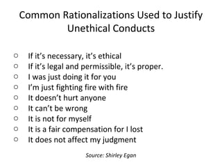 Source: Shirley Egan
Common Rationalizations Used to Justify
Unethical Conducts
o If it’s necessary, it’s ethical
o If it’s legal and permissible, it’s proper.
o I was just doing it for you
o I’m just fighting fire with fire
o It doesn’t hurt anyone
o It can’t be wrong
o It is not for myself
o It is a fair compensation for I lost
o It does not affect my judgment
 