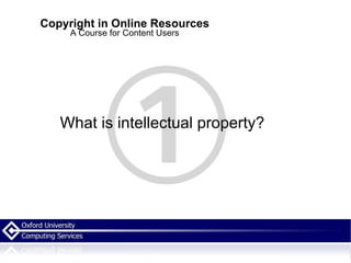 Copyright in Online Resources A Course for Content Users What is intellectual property? 