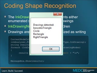 Coding Shape Recognition The  InkDrawingNode  type represents either enumerated shapes or abstract drawings InkDrawingNode s do not have children  Drawings are generally not recognized as writing ContextNodeCollection drawingNodes = inkAnalyzer.FindNodesOfType(ContextNodeType.InkDrawing); string results = "Drawings detected:\n"; foreach (InkDrawingNode drawingNode in drawingNodes) { results += drawingNode. GetShapeName()  + "\n"; } MessageBox.Show(results); 