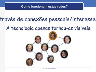 Como funcionam estas redes? © 2008 JumpEducation Através de conexões pessoais/interesses... A tecnologia apenas tornou-as visíveis. 