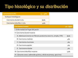 Carcinoma in situ 15 – 30% Subtipos histológicos Carcinoma ductal in situ 80% Carcinoma lobulillar in situ 20% Carcinoma invasor 70 – 85% I. Enfermedad de Paget del pezón II. Carcinoma ductal invasivo A. Adenocarcinoma con fibrosis productiva (escirro, simple, STE) 80% B. Carcinoma medular 4% C. Carcinoma mucinoso 2% D. Carcinoma papilar 2% E.  Carcinoma tubular 2% III. Carcinoma lobulillar invasivo 10% IV. Cánceres raros ( adenoide quístico, célula escamosa, apocrino) 