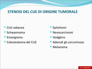 STENOSI DEL CUE DI ORIGINE TUMORALE

            BENIGNE                    MALIGNE
   Cisti sebacea             Epiteliomi
   Schwannoma                Nevocarcinomi
   Emangioma                 Hodgkins
   Colesteatoma del CUE      AdenoK gh.ceruminose
                              Melanoma




                                                www.otoiatria.it
 