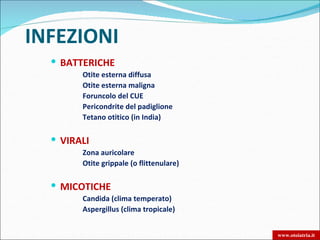 INFEZIONI
   BATTERICHE
         Otite esterna diffusa
         Otite esterna maligna
         Foruncolo del CUE
         Pericondrite del padiglione
         Tetano otitico (in India)

   VIRALI
         Zona auricolare
         Otite grippale (o flittenulare)

   MICOTICHE
         Candida (clima temperato)
         Aspergillus (clima tropicale)


                                            www.otoiatria.it
 