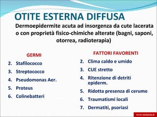 OTITE ESTERNA DIFFUSA
   Dermoepidermite acuta ad insorgenza da cute lacerata
   o con proprietà fisico-chimiche alterate (bagni, saponi,
                   otorrea, radioterapia)

        GERMI                      FATTORI FAVORENTI
2. Stafilococco              2. Clima caldo e umido
3. Streptococco              3. CUE stretto
4. Pseudomonas Aer.          4. Ritenzione di detriti
                                epiderm.
5. Proteus
                             5. Ridotta presenza di cerume
6. Colinebatteri
                             6. Traumatismi locali
                             7. Dermatiti, psoriasi
                                                        www.otoiatria.it
 