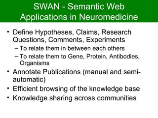 SWAN - Semantic Web
    Applications in Neuromedicine
• Define Hypotheses, Claims, Research
  Questions, Comments, Experim...