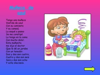 Muñeca  de azul Tengo una muñeca  Vestida de azul Con su camiseta Y su canesú. La saqué a paseo Se me constipó La tengo en la cama  Con mucho dolor. Esta mañanita  me dijo el doctor Que le dé un jarabe Con un tenedor. Dos y dos son cuatro,  Cuatro y dos son seis Seis y dos son ocho Y ocho dieciseis. 