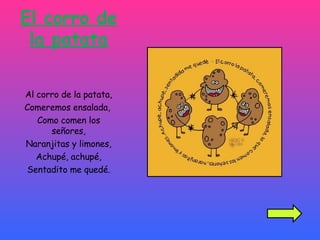 El corro de la patata Al corro de la patata, Comeremos ensalada,  Como comen los señores, Naranjitas y limones, Achupé, achupé, Sentadito me quedé. 