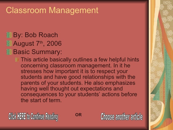 Classroom Management Education Articles
