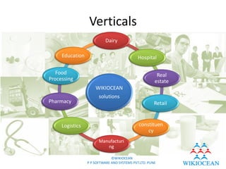 Verticals
                           Dairy

     Education                               Hospital

   Food                                                Real
Processing                                            estate
                     WIKIOCEAN
                       solutions
Pharmacy                                              Retail



     Logistics                               constituen
                                                 cy
                       Manufacturi
                          ng

                              ©WIKIOCEAN
                 P P SOFTWARE AND SYSTEMS PVT.LTD. PUNE
 