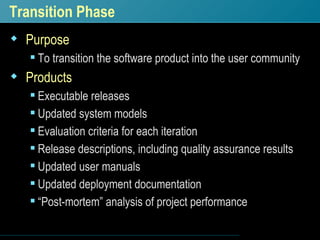 Transition Phase <ul><li>Purpose </li></ul><ul><ul><li>To transition the software product into the user community </li></u...