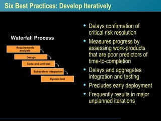 Six Best Practices: Develop Iteratively <ul><li>Delays confirmation of critical risk resolution  </li></ul><ul><li>Measure...