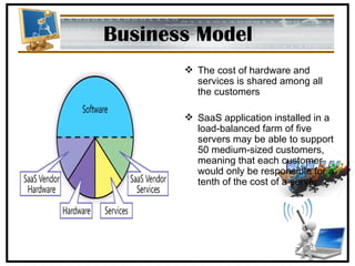 Business Model The cost of hardware and services is shared among all the customers SaaS application installed in a load-balanced farm of five servers may be able to support 50 medium-sized customers, meaning that each customer would only be responsible for a tenth of the cost of a server  