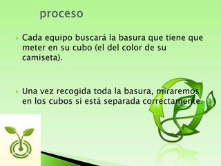procesoCada equipo buscará la basura que tiene que meter en su cubo (el del color de su camiseta).Una vez recogida toda la basura, miraremos en los cubos si está separada correctamente.