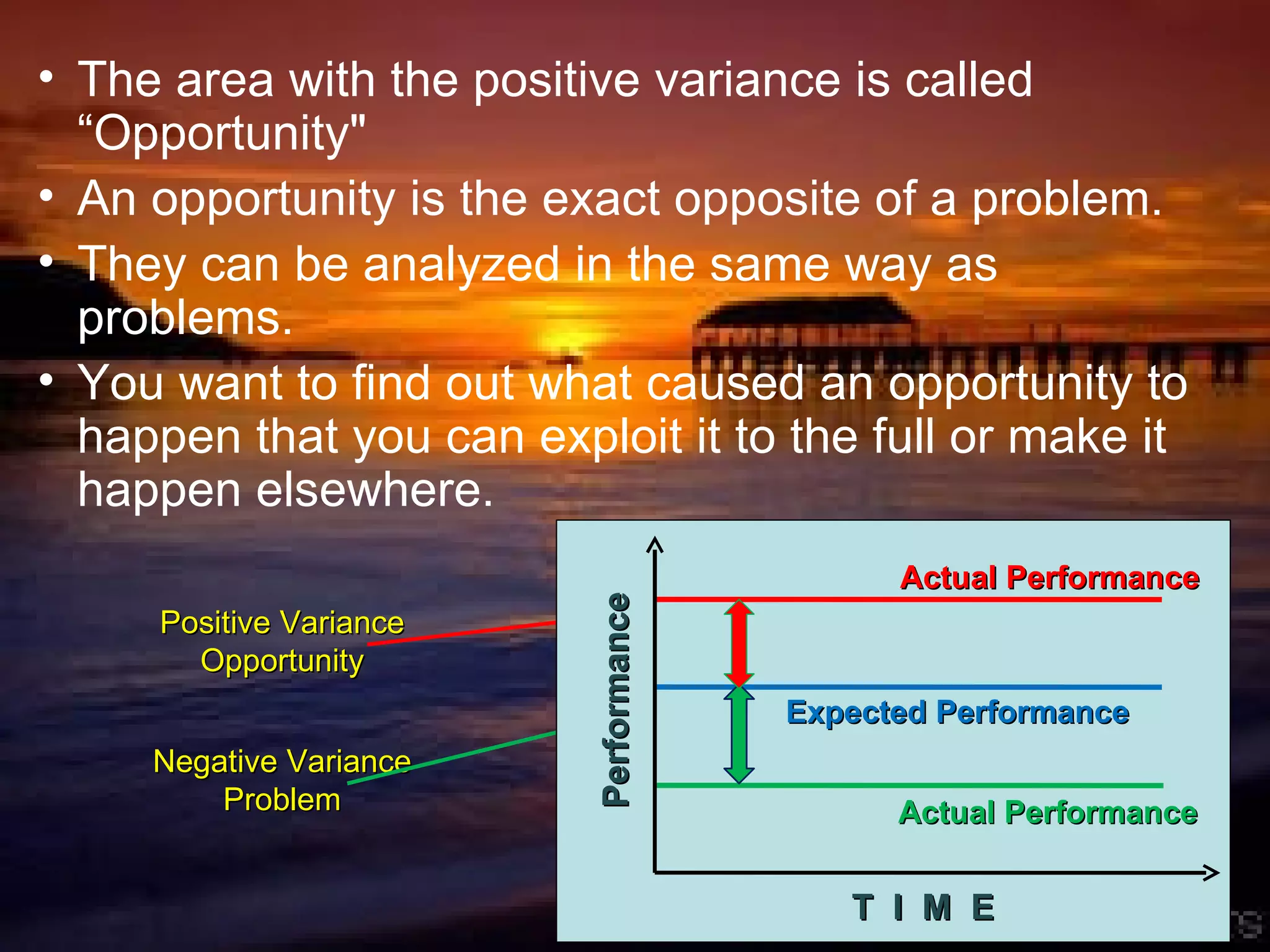 The area with the positive variance is called “Opportunity&quot;  An opportunity is the exact opposite of a problem.  They can be analyzed in the same way as problems. You want to find out what caused an opportunity to happen that you can exploit it to the full or make it happen elsewhere. Positive Variance Opportunity Negative Variance Problem Performance Expected Performance Actual Performance T  I  M  E Actual Performance 