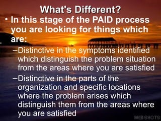 What's Different? In this stage of the PAID process you are looking for things which are:   Distinctive in the symptoms identified which distinguish the problem situation from the areas where you are satisfied Distinctive in the parts of the organization and specific locations where the problem arises which distinguish them from the areas where you are satisfied 