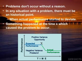Problems don't occur without a reason. In any situation with a problem, there must be an historical point.  When actual performance started to deviate. Something happened at the time x which caused the problem to occur.  Performance Expected Performance T  I  M  E Actual Performance Positive Variance Opportunity Negative Variance ProblemX X 