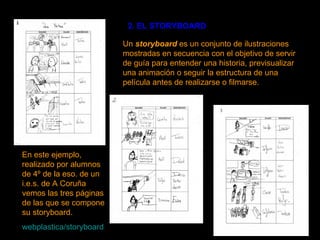 Un  storyboard  es un conjunto de ilustraciones mostradas en secuencia con el objetivo de servir de guía para entender una historia, previsualizar una animación o seguir la estructura de una película antes de realizarse o filmarse. 2. EL STORYBOARD En este ejemplo, realizado por alumnos de 4º de la eso. de un i.e.s. de A Coruña vemos las tres páginas de las que se compone su storyboard.  webplastica / storyboard 