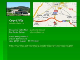 Ceip d’Alfés [email_address] Gessamina Vallés Marí  -  [email_address] Pep Borràs Carles -  [email_address] Ceip d’Alfés (c5000274) c/ Camí de Sunyer s/n Alfés  25161  (Lleida)  Tf. 973136431 http://www.xtec.cat/ceipalfes/Basseta/basseta%20webquest/plantillWQ/index.htm 