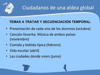 Presentación de cada uno de los alumnos (octubre) Canción favorita. Música de ambos países (noviembre) Comida y bebida típica (febrero) Vida escolar (abril) Las ciudades donde viven (junio) Ciudadanos de una aldea global TEMAS A TRATAR Y SECUENCIACIÓN TEMPORAL 