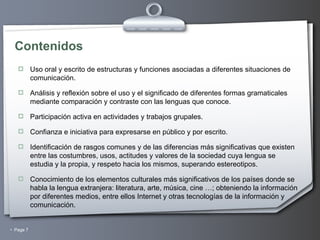 Contenidos Uso oral y escrito de estructuras y funciones asociadas a diferentes situaciones de comunicación. Análisis y reflexión sobre el uso y el significado de diferentes formas gramaticales mediante comparación y contraste con las lenguas que conoce.  Participación activa en actividades y trabajos grupales. Confianza e iniciativa para expresarse en público y por escrito. Identificación de rasgos comunes y de las diferencias más significativas que existen entre las costumbres, usos, actitudes y valores de la sociedad cuya lengua se estudia y la propia, y respeto hacia los mismos, superando estereotipos. Conocimiento de los elementos culturales más significativos de los países donde se habla la lengua extranjera: literatura, arte, música, cine …; obteniendo la información por diferentes medios, entre ellos Internet y otras tecnologías de la información y comunicación. 