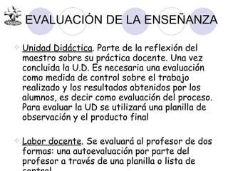 EVALUACIÓN DE LA ENSEÑANZA Unidad Didáctica . Parte de la reflexión del maestro sobre su práctica docente. Una vez concluida la U.D. Es necesaria una evaluación como medida de control sobre el trabajo realizado y los resultados obtenidos por los alumnos, es decir como evaluación del proceso. Para evaluar la UD se utilizará una planilla de observación y el producto final  Labor docente . Se evaluará al profesor de dos formas: una autoevaluación por parte del profesor a través de una planilla o lista de control.  