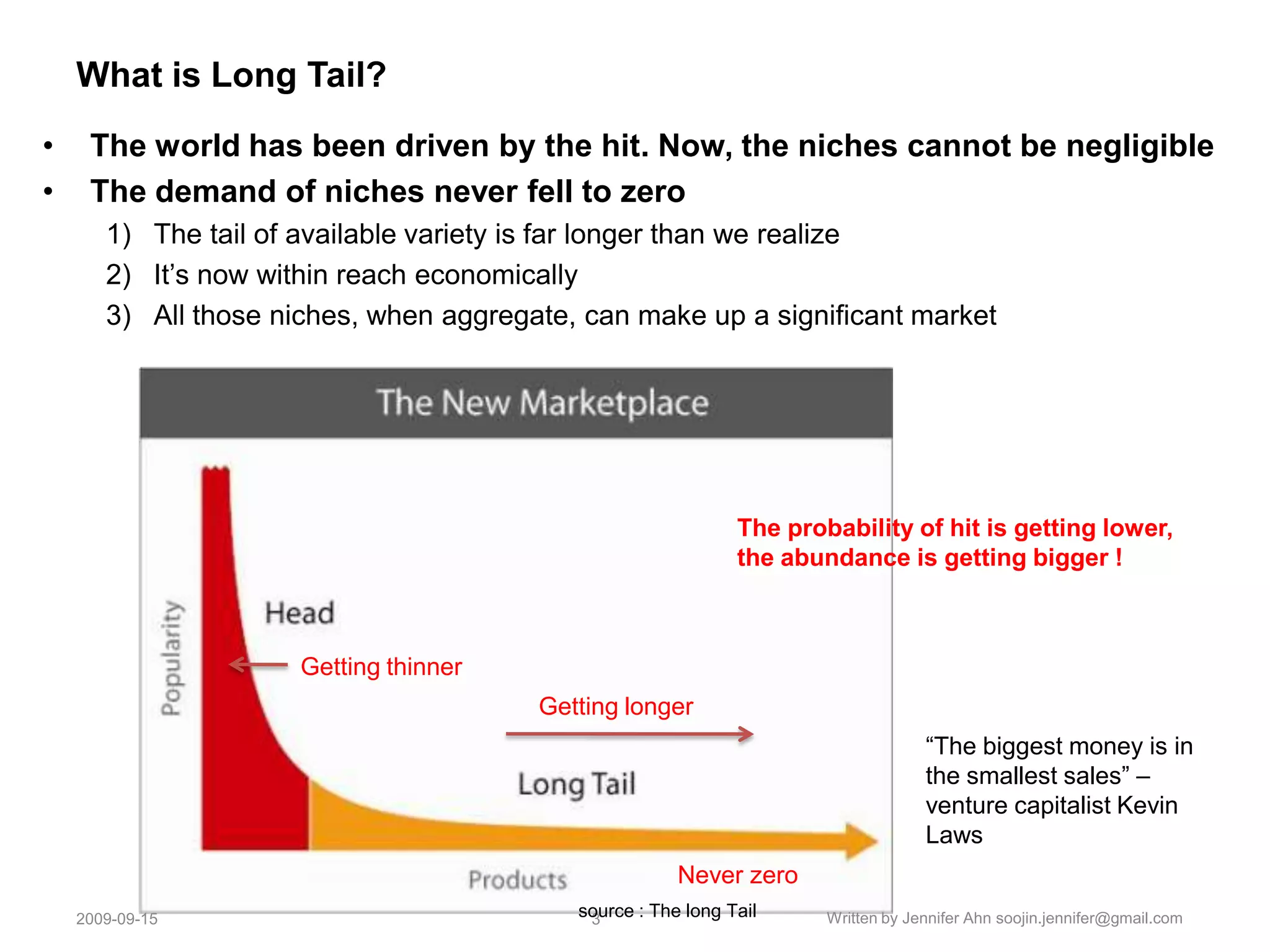 What is Long Tail?The world has been driven by the hit. Now, the niches cannot be negligibleThe demand of niches never fell to zeroThe tail of available variety is far longer than we realizeIt’s now within reach economicallyAll those niches, when aggregate, can make up a significant marketThe probability of hit is getting lower,the abundance is getting bigger !Getting thinnerGetting longer“The biggest money is in the smallest sales” – venture capitalist Kevin LawsNever zero2008-11-053Written by Jennifer Ahnsoojin.jennifer@gmail.comsource : The long Tail 