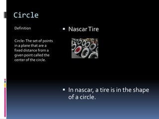 CircleDefinitionCircle- The set of points in a plane that are a fixed distance from a given point called the center of the circle.Nascar TireIn nascar, a tire is in the shape of a circle.
