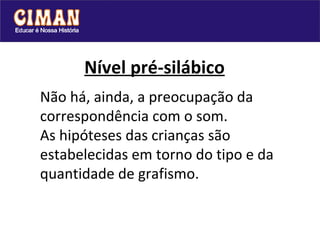   Nível pré-silábico Não há, ainda, a preocupação da correspondência com o som. As hipóteses das crianças são estabelecidas em torno do tipo e da quantidade de grafismo.  