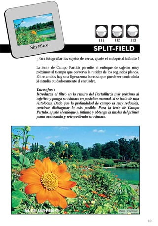 ro
    Sin Filt                                   SPLIT-FIELD
       ¡ Para fotografiar los sujetos de cerca, ajuste el enfoque al infinito !

       La lente de Campo Partido permite el enfoque de sujetos muy
       próximos al tiempo que conserva la nitidez de los segundos planos.
       Entre ambos hay una ligera zona borrosa que puede ser controlada
       si estudia cuidadosamente el encuadre.

       Consejos :
       Introduzca el filtro en la ranura del Portafiltros más próxima al
       objetivo y ponga su cámara en posición manual, si se trata de una
       Autofocus. Dado que la profundidad de campo es muy reducida,
       conviene diafragmar lo más posible. Para la lente de Campo
       Partido, ajuste el enfoque al infinito y obtenga la nitidez del primer
       plano avanzando y retrocediendo su cámara.




Ref. 113 Split-Field +3                                          Photos : P. Grateaud


                                                                                        53
 