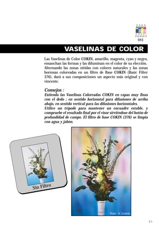 VASELINAS DE COLOR
        Las Vaselinas de Color COKIN, amarillo, magenta, cyan y negro,
        ensanchan las formas y las difuminan en el color de su elección.
        Alternando las zonas nítidas con colores naturales y las zonas
        borrosas coloreadas en un filtro de Base COKIN (Basic Filter
        376), dará a sus composiciones un aspecto más original y con
        vincente.

        Consejos :
        Extienda las Vaselinas Coloreadas COKIN en capas muy finas
        con el dedo ; en sentido horizontal para difusiones de arriba
        abajo, en sentido vertical para las difusiones horizontales.
        Utilice un trípode para mantener un encuadre estable, y
        compruebe el resultado final por el visor sirviéndose del botón de
        profundidad de campo. El filtro de base COKIN (376) se limpia
        con agua y jabón.




         ro
 Sin Filt




Ref. 081 Colour Vaseline                         Photos : W. Castañeda

                                                                             85
 