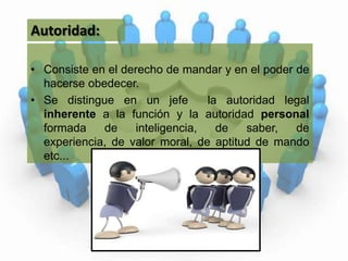 Autoridad:Consiste en el derecho de mandar y en el poder de hacerse obedecer.Se distingue en un jefe  la autoridad legal inherente a la función y la autoridadpersonal  formada de inteligencia, de saber, de experiencia, de valor moral, de aptitud de mando etc... 