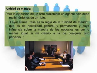 Unidad de mando:Para le ejecución de un acto cualquiera un agente solo debe recibir órdenes de un  jefe.Fayol afirma: “esa es la regla de la “unidad de mando”, que es de necesidad general y permanente y cuya influencia sobre la marcha de los negocios es por lo menos igual, a mi criterio a la de cualquier otro principio...” 