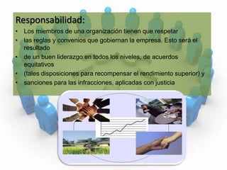 Responsabilidad:Los miembros de una organización tienen que respetar las reglas y convenios que gobiernan la empresa. Esto será el resultado de un buen liderazgo en todos los niveles, de acuerdos equitativos (tales disposiciones para recompensar el rendimiento superior) y sanciones para las infracciones, aplicadas con justicia
