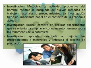 Investigación Metódica: La actividad productiva del hombre reclama la búsqueda de nuevos métodos de trabajo, materiales o procedimientos. La investigación tiene un importante papel en el contexto de la economía actual.Investigación Básica: consiste en realizar experimentos que se orientan a ampliar el conocimiento humano sobre los fenómenos de la naturaleza.Investigación aplicada: orientada a mejorar los procedimientos o materiales y enfocada al proceso de producción.