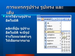 การใช้งานรูปร่างอัตโนมัติ คลิกที่ปุ่ม รูปร่างอัตโนมัติ จะมีรูปร่างในหมวดต่างๆให้เลือกมากมาย  การแทรกรูปร่าง รูปทรง และเส้น     