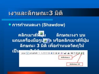 เงาและลักษณะ 3   มิติ     การกำหนดเงา  ( Shawdow )       คลิกเมาส์ที่ปุ่ม        ลักษณะเงา บนแถบเครื่องมือรูปวาด หรือคลิกเมาส์ที่ปุ่ม         ลักษณะ  3   มิติ เพื่อกำหนดวัตถุให้เป็นแบบ  3   มิติ   