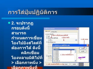 2 .  จะปรากฏกรอบดังนี้ สามารถกำหนดการเชื่อมโยงไปยังสไลด์ที่ต้องการได้ ดังนี้           คลิกเชื่อมโยงหลายมิติไปที่  >  เลือกภาพนิ่ง  > เลือกภาพนิ่งที่ต้องการ  >  คลิกตกลง  >  คลิกตกลง  การใส่ปุ่มปฏิบัติการ   