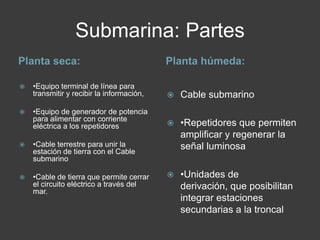 Submarina: PartesPlanta seca:Planta húmeda:•Equipo terminal de línea para transmitir y recibir la información,•Equipo de generador de potencia para alimentar con corriente eléctrica a los repetidores•Cable terrestre para unir la estación de tierra con el Cable submarino •Cable de tierra que permite cerrar el circuito eléctrico a través del mar.Cable submarino •Repetidores que permiten amplificar y regenerar la señal luminosa •Unidades de derivación, que posibilitan integrar estaciones secundarias a la troncal