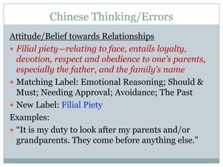 Chinese Thinking/ErrorsAttitude/Belief towards RelationshipsFilial piety—relating to face, entails loyalty, devotion, respect and obedience to one’s parents, especially the father, and the family’s nameMatching Label: Emotional Reasoning; Should & Must; Needing Approval; Avoidance; The PastNew Label: Filial PietyExamples:“It is my duty to look after my parents and/or grandparents. They come before anything else.”