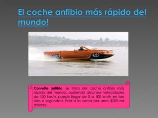 Corvette anfibio , se trata del coche anfibio más rápido del mundo, pudiendo alcanzar velocidades de 100 km/h, puede llegar de 0 a 100 km/h en tan sólo 6 segundos!. Está a la venta por unos $200 mil dólares. 