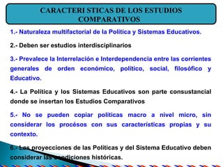 1.- Naturaleza multifactorial de la Política y Sistemas Educativos.  2.- Deben ser estudios interdisciplinarios  3.- Preva...