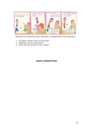 Identifica los elementos de la historieta, respondiendo a las preguntas:

1. ¿Cuántas viñetas tiene la historieta?
2. ¿Quiénes son los personajes?
3. ¿Qué tipos de globos se han usado?




                         MAPA CONCEPTUAL




                                                                           25
 