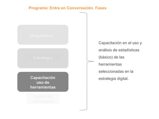 Diagnóstico Ejecución estratégica Capacitación en el uso y análisis de estadísticas  (básico) de las herramientas seleccionadas en la estrategia digital. Programa: Entra en Conversación. Fases 