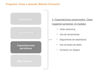 Contenidos 2. Capacitaciones presenciales. Clase magistral semestral. (A medida) Video streaming Uso de herramientas Seguimiento de estadísticas Uso de bases de datos Contacto con blogers Plan Táctico Programa: Crece y aprende. Módulo Formación 