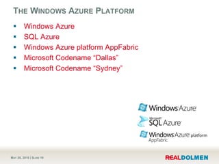 The Windows Azure Platform<br />Windows Azure<br />SQL Azure<br />Windows Azure platform AppFabric<br />Microsoft Codename...