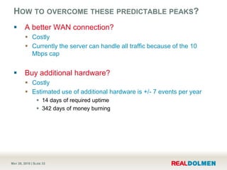 How to overcome these predictable peaks?<br />A better WAN connection?<br />Costly<br />Currently the server can handle al...