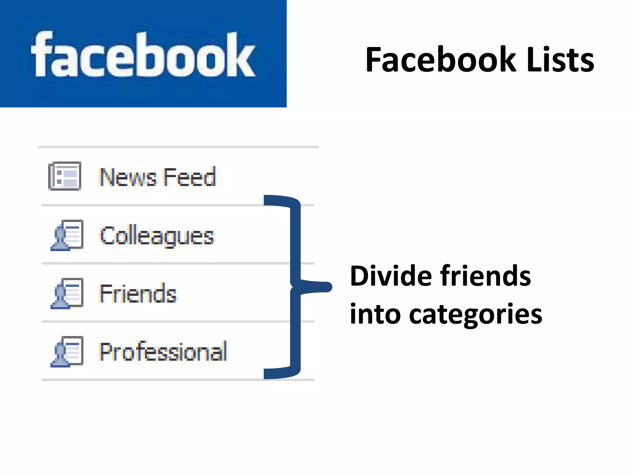 Facebook ListsDivide friends into categories