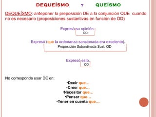 DEQUEÍSMO  y   QUEÍSMO DEQUEÍSMO : anteponer la preposición DE a la conjunción QUE  cuando no es necesario (proposiciones sustantivas en función de OD) Expresó su opinión.  OD Expresó ( que  la ordenanza sancionada era excelente) . Proposición Subordinada Sust. OD Expresó esto. OD No corresponde usar DE en: Decir  que… Creer  que… Necesitar  que… Pensar  que… Tener en cuenta  que… 