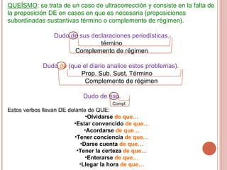 QUEÍSMO : se trata de un caso de ultracorrección y consiste en la falta de la preposición DE en casos en que es necesaria (proposiciones subordinadas sustantivas término o complemento de régimen). Dudo de sus declaraciones periodísticas. término Complemento de régimen Dudo  de  (que el diario analice estos problemas).  Prop. Sub. Sust. Término Complemento de régimen Dudo de eso.  Compl. Estos verbos llevan DE delante de QUE: Olvidarse  de que… Estar convencido  de que… Acordarse  de que… Tener conciencia  de que… Darse cuenta  de que… Tener la certeza  de que… Enterarse  de que… Llegar la hora  de que… 